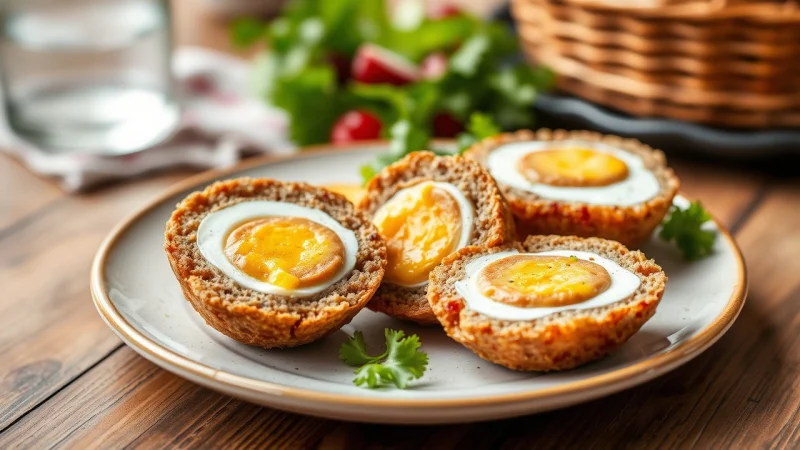 Halved air fryer Scotch eggs with soft centres