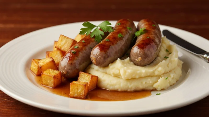 Traditional bangers and mash with pork sausages and creamy mashed potatoes under onion gravy