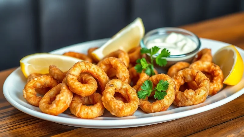 Crispy golden calamares a la romana with lemon wedges