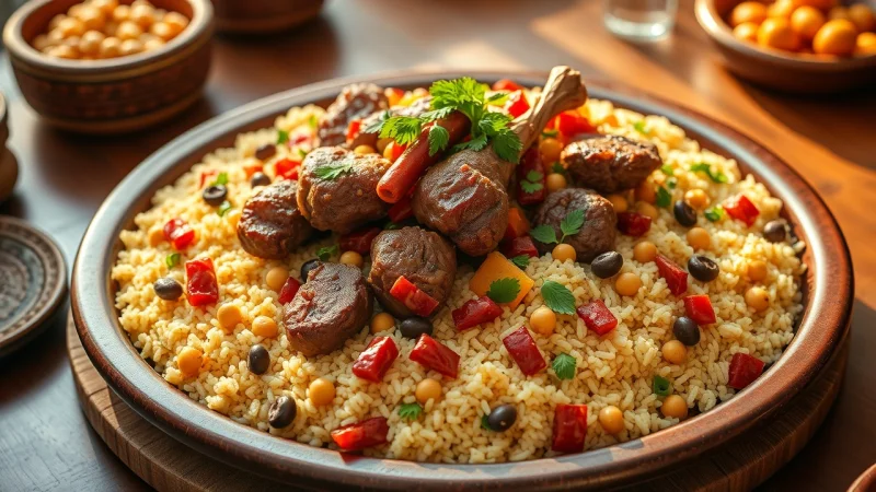 Magnificent couscous royal with lamb, chicken, merguez, and vegetables