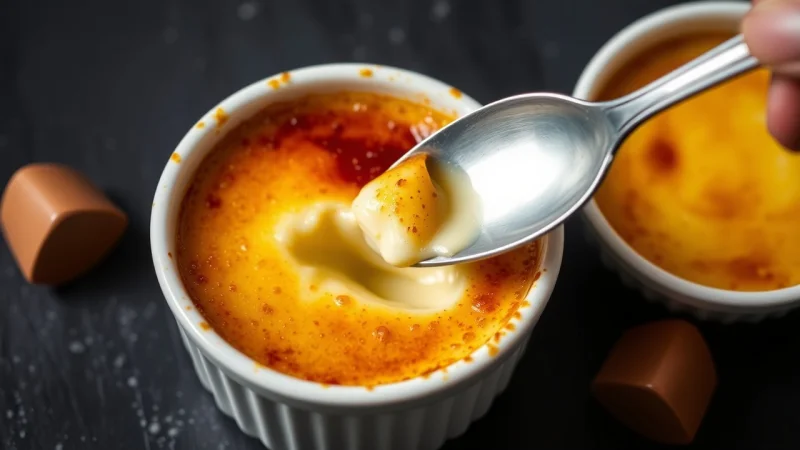 Classic crème brûlée with caramelized sugar crust served in a ramekin