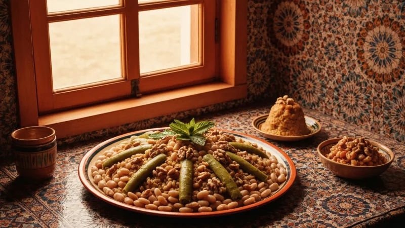 Moroccan rfissa with shredded chicken and lentils over torn msemen bread