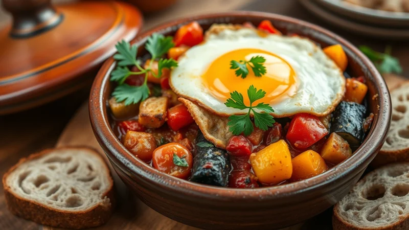 Colourful Spanish pisto with fried egg on top