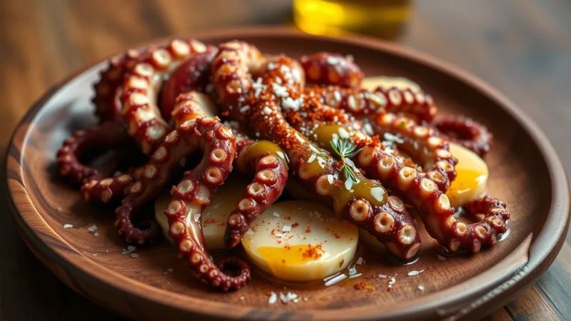Galician-style octopus with paprika and olive oil on a wooden plate