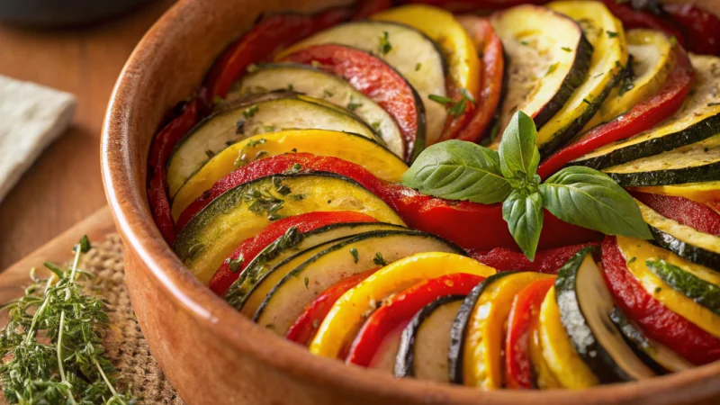Beautifully arranged ratatouille with sliced zucchini, eggplant and tomatoes in a baking dish