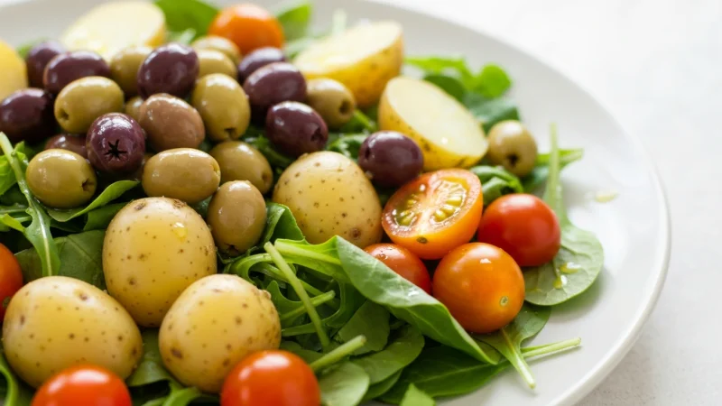 Traditional salade nicoise with tuna, eggs, olives, and green beans