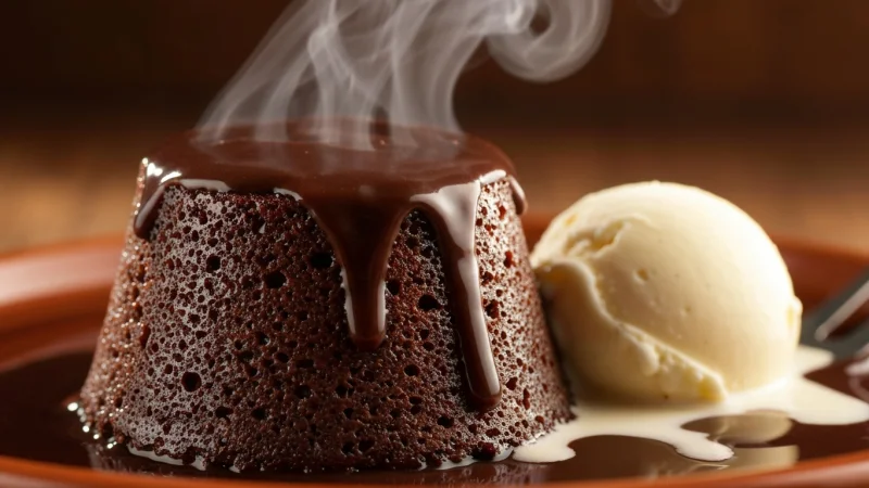 Warm sticky toffee pudding drenched in butterscotch sauce with a scoop of vanilla ice cream