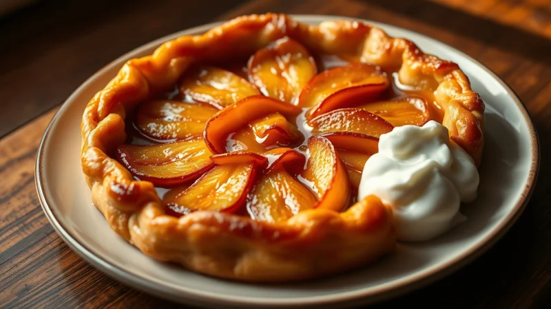 Golden caramelized tarte tatin with flaky pastry on a serving plate