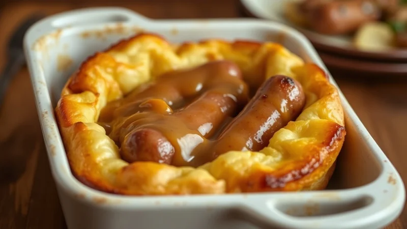 Golden toad in the hole with sausages in Yorkshire pudding batter