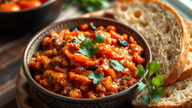 Moroccan zaalouk eggplant salad served in a bowl with bread